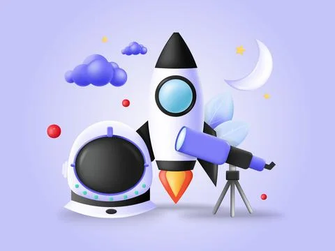 Space rocket ship, telescope and helmet vector 스톡 일러스트