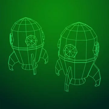 Space Rocket Ship. Wireframe low poly mesh vector illustration. Illustrazione stock