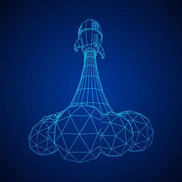 Space Rocket Ship. Wireframe low poly mesh vector illustration. Illustrazione stock