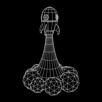 Space Rocket Ship. Wireframe low poly mesh vector illustration. Illustrazione stock
