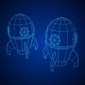 Space Rocket Ship. Wireframe low poly mesh vector illustration. Illustrazione stock