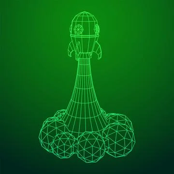 Space Rocket Ship. Wireframe low poly mesh vector illustration. Illustrazione stock