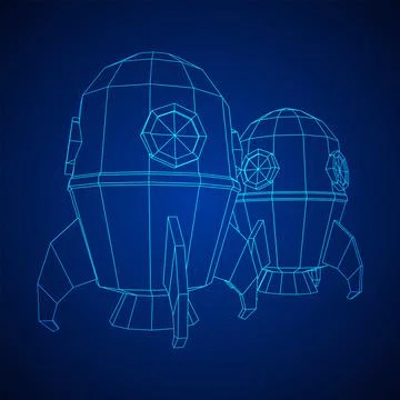 Space Rocket Ship. Wireframe low poly mesh vector illustration. Illustrazione stock