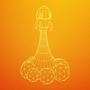 Space Rocket Ship. Wireframe low poly mesh vector illustration. Illustrazione stock