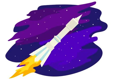 Space rocket soared into the sky to the stars. Vector isolated illustration. Stock Illustration
