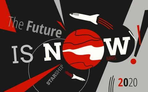 Space rocket spaceship and Mars vector retro illustration poster. Future is N Stock Illustration