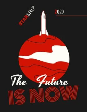 Space rocket spaceship and Mars vector retro illustration poster. Future is N Stock Illustration