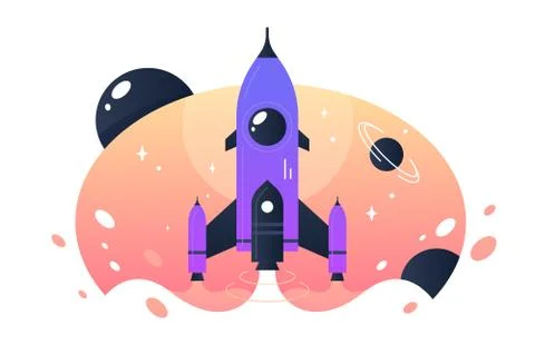 Space rocket takeoff from earth into space and flights. Stock Illustration