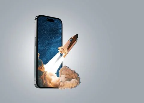 Space rocket takes off from mobile device with smoke, creative idea. Applic.. 库存照片