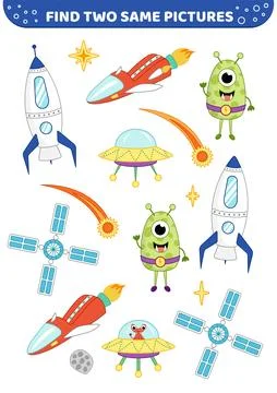 Space rocket, ufo, comet, ship. Find two same pictures. Game for children Illustrazione stock