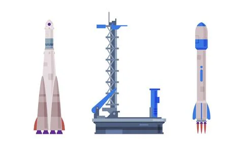 Space rockets and spaceship launch platform. Space industry exploration vector Illustrazione stock