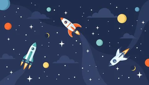 Space rockets flying in space among planets and stars. Vector illustration Stock Illustration