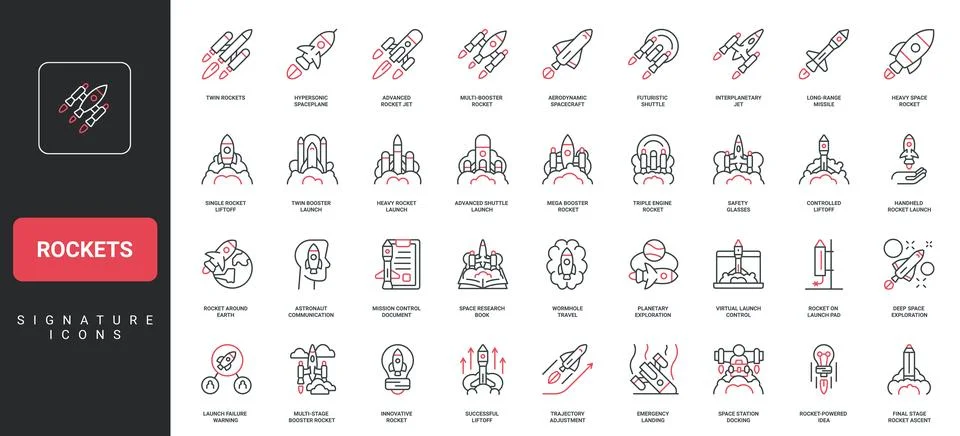 Space rockets launch and flight, business startup and project booster line icon Stock Illustration