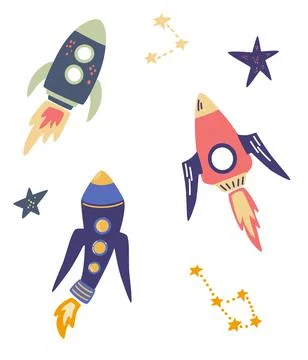 Space rockets set. Cartoon Space objects. rocket, stars and constellations. C Stock Illustration