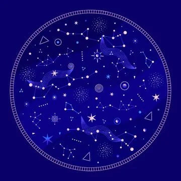 Space round composition with planets, constellation, stars. Vector illustrati Illustrazione stock