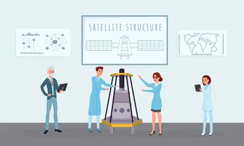 Space satellite construction flat vector illustrations. Professional engineers Stock Illustration