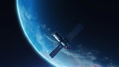 Space satellite of the Earth orbiting the planet flies away in the space of s Stock-Footage 240534860