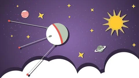 A space satellite is flying in outer space among the planets a flat illustr.. Stock Illustration