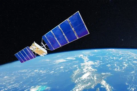 Space satellite orbiting over the ocean earth. Elements of this image furnish Stock Illustration