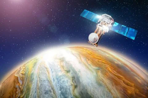 Space satellite orbiting the planet the study of the gas giant, the search fo Stock Photos