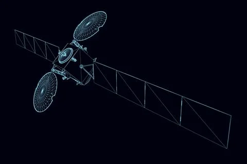 Space satellite wireframe from blue lines isolated on dark background. 스톡 일러스트