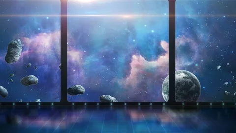 Space scene. 3D room with blue nebula, planet and asteroids. Elements furnish Stock Footage 98929793