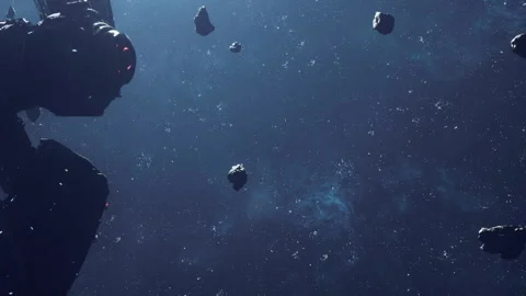 Space scene with asteroids and a spacecraft in the dark expanse Stock Footage 344315597