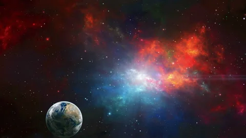 Space scene. Earth planet fly, orbit in colorful fractal nebula. Elements fur Stock Footage 140867161