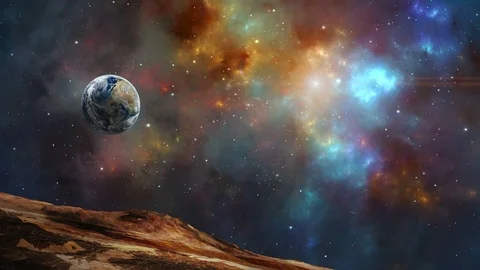 Space scene. Eearth planet fly in colorful fractal nebula. Elements furnished Video stock 120750061