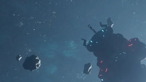 Space scene with a large spacecraft exploring asteroids in the dark Stock Footage 344374417