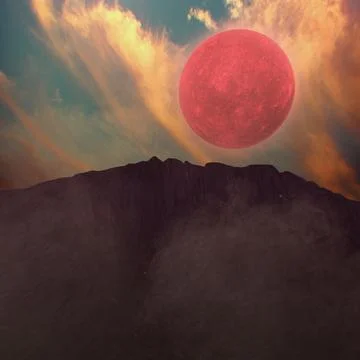 Space scene of a mountain with a red planet above it and epic clouds. Stock Illustration