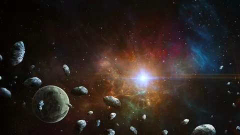 Space scene. Planet with asteroid and colorful fractal nebula. Elements furni Video stock 112246966