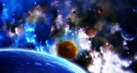 Space scene with planets and nebula Stock Illustration
