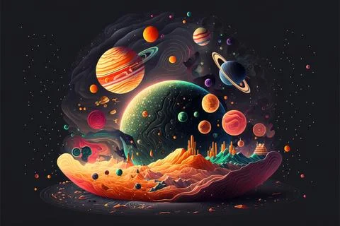A space scene with planets and stars in the sky and a black background with.. Stock Illustration