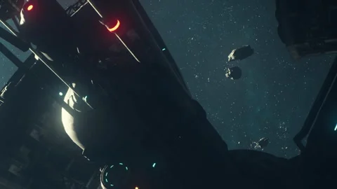 Space scene showing a spacecraft and asteroids against a dark background Stock Footage 344827727