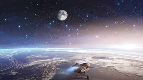 Space scene. Spaceship fly above earth planet with moon. Elements furnished b Stock Footage 104623608