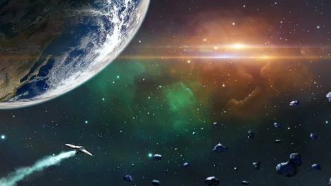 Space scene. Spaceship fly through planet and asteroids. Elements furnished b Stock Footage 95672704