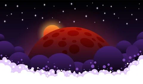 Space scene with swirling clouds, dark red planet and moonrise Stock Illustration
