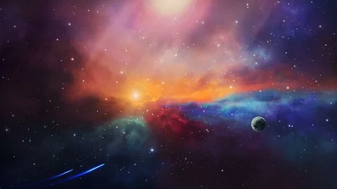 Space scene. Two small spaceship fly in colorful nebula with planet. Elements Video stock 115084673