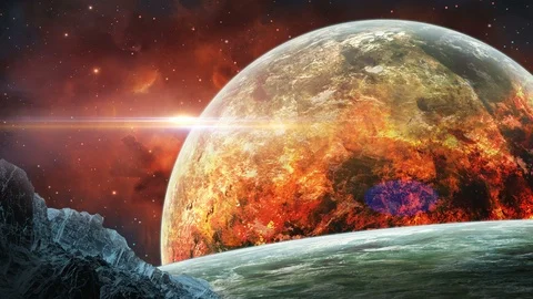 Space scene.Firing planet with red nebula and asteroid. Elements furnished by Stock Footage 97658548