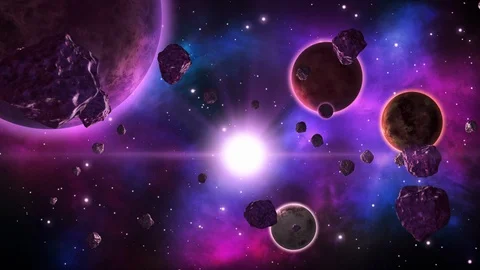 Space sci-fi background with spinning planets and asteroids. Seamless loop. Stock Footage