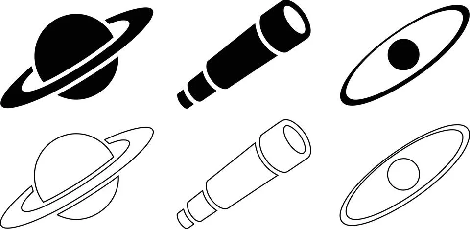 Space Science Icon Set, Saturn Planet Telescope Tube and Orbit Ring Symbol .. Stock Illustration