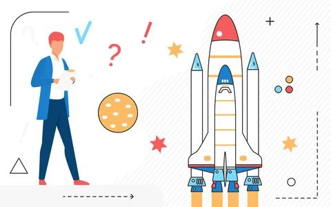 Space science research technology, man launching rocket spaceship to explore Stock Illustration