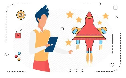 Space science research technology, scientist man and rocket spaceship Stock Illustration