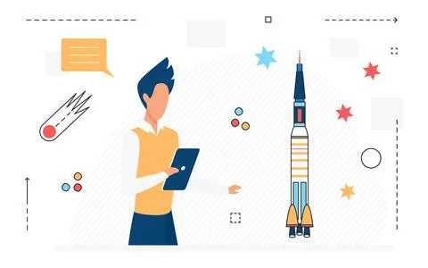 Space science research technology, scientist man, comet stars and flying rocket Stock-Illustration