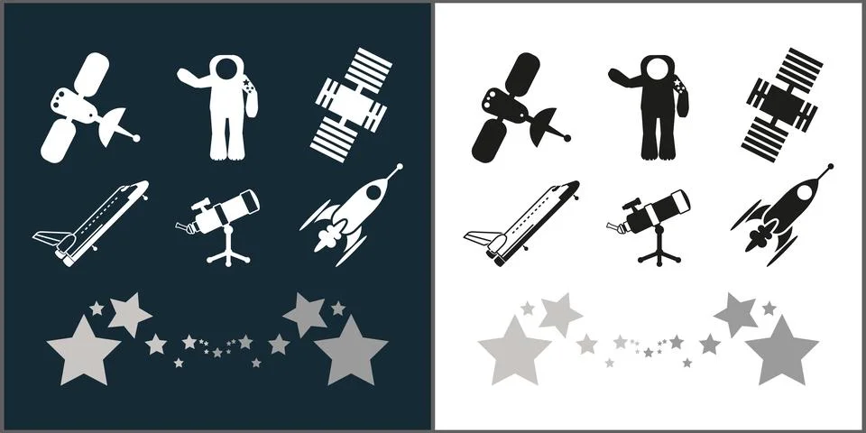 Space science technology cosmic vector set icon illustration Stock Illustration