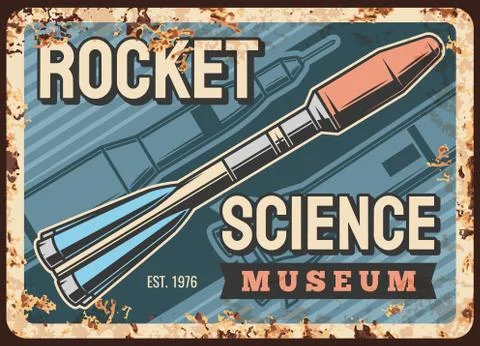 Space science vector rusty metal plate with rocket Illustrazione stock