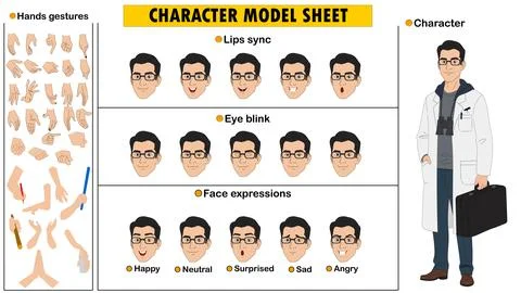 Space Scientist Character Model Sheet. Customizable Male Researcher with Labcoat Stock Illustration