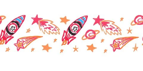 Space seamless border. Rockets. Drawings with wax crayons. Vector design for  스톡 일러스트