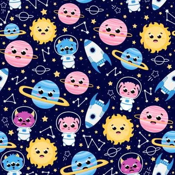 Space seamless pattern with alien astronauts in childish cartoon style, planets 스톡 일러스트